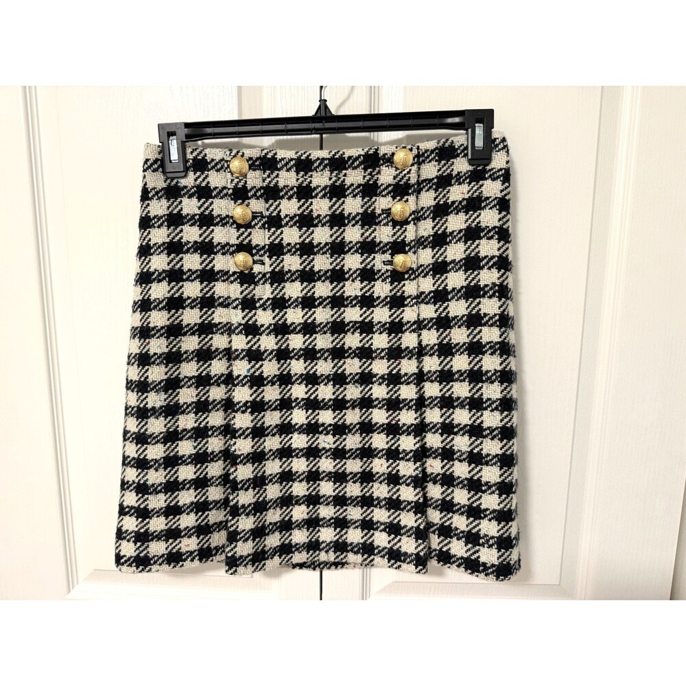 Talbots Sz 4P Houndstooth Wool Blend Tweed Skirt Gold Crest Buttons Black Beige